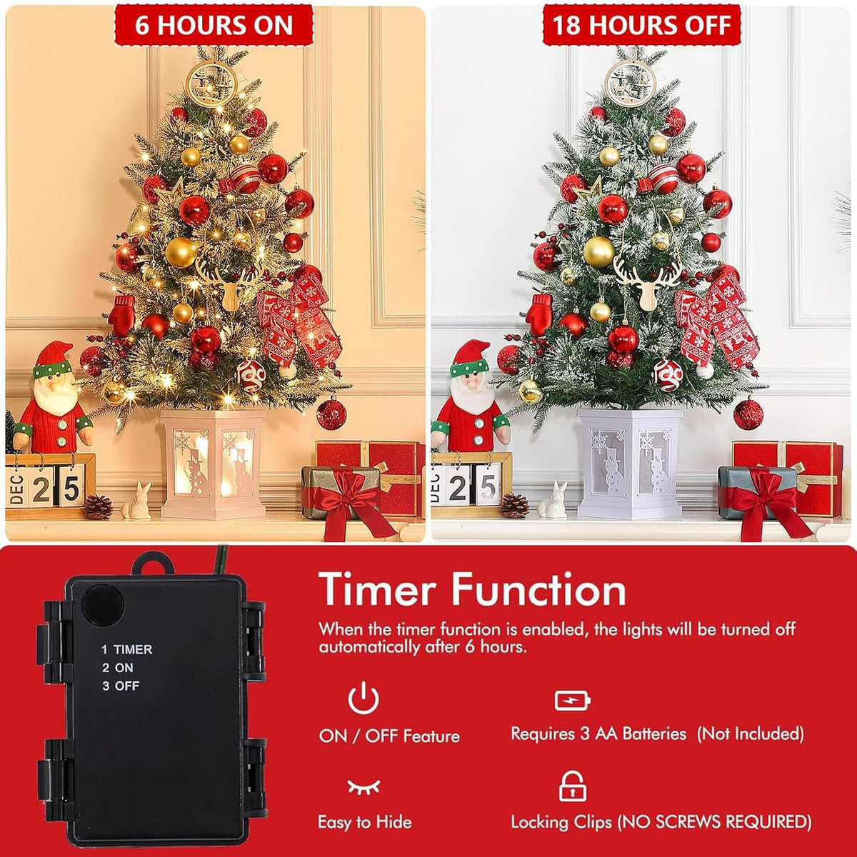 Flarhetoric 3FT Pre-Lit Snow Flocked Artificial Christmas Tree, 78 Warm White LEDs, 8 Lighting Modes, Red Berries, Easy Assembly, Tabletop Xmas Tree for Desk or Table Holiday Decor, Linen Base