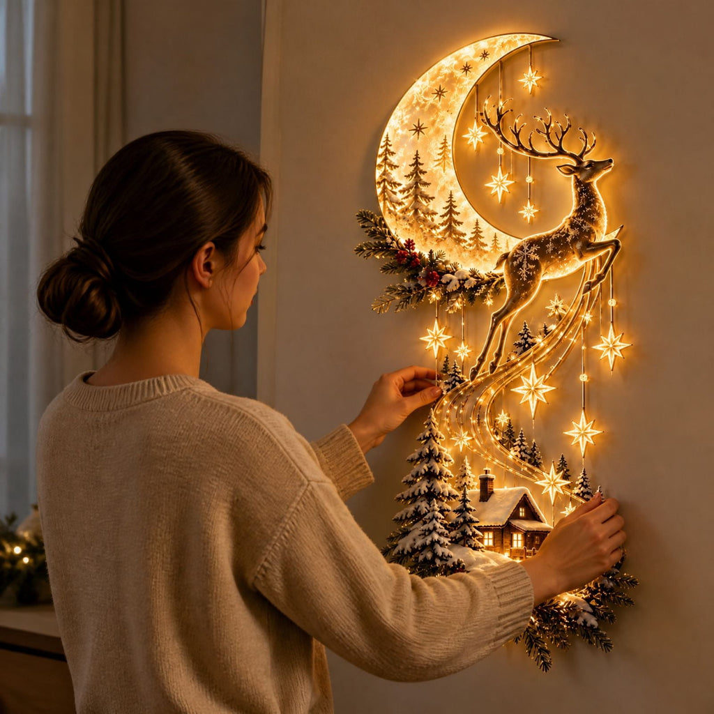 Christmas Staircase Banister Decor Set of 5 Lighted Santa Snow Scene Garland for Stair Railing Indoor Seasonal Home Ornament