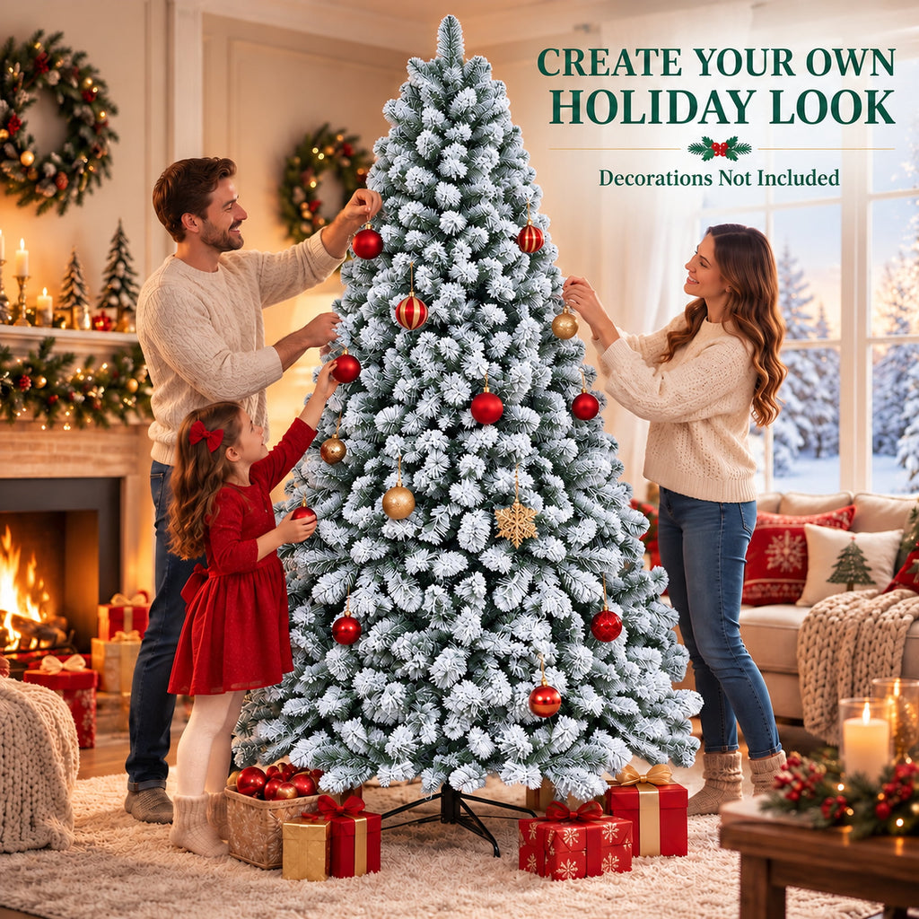 SUGIFT 7.5ft Artificial Snow Flocked Christmas Tree, 1450 Branch Tips, Unlit Holiday Decor with Metal Stand
