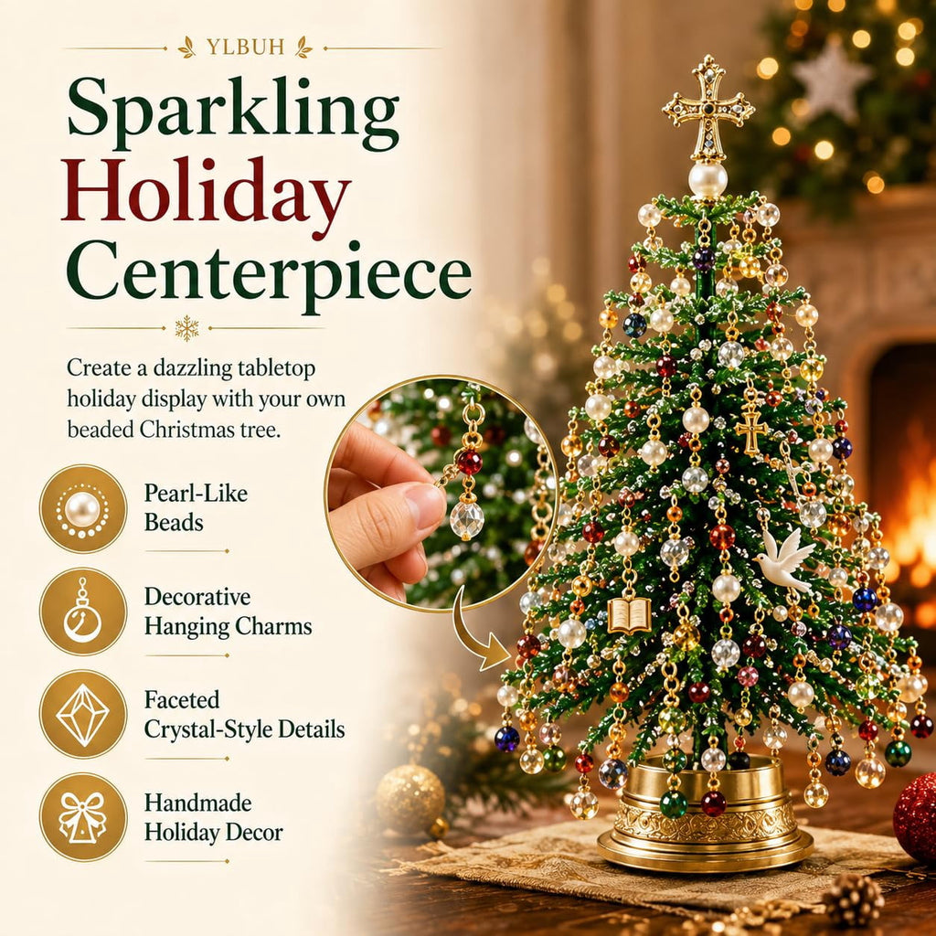 HIJUNE DIY Beaded Christmas Tree Kit, 3D Crystal Bead Holiday Craft Set, Colorful beads and wire, 3D tabletop tree design, compact holiday decor, creative Christmas project for adults
