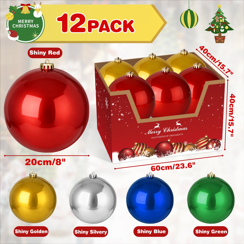 12 Pack 8 Inch Shatterproof Christmas Ball Ornaments, Assorted Glossy, Matte & Glitter Red Balls, Xmas Tree Decorations for Holiday Celebrations