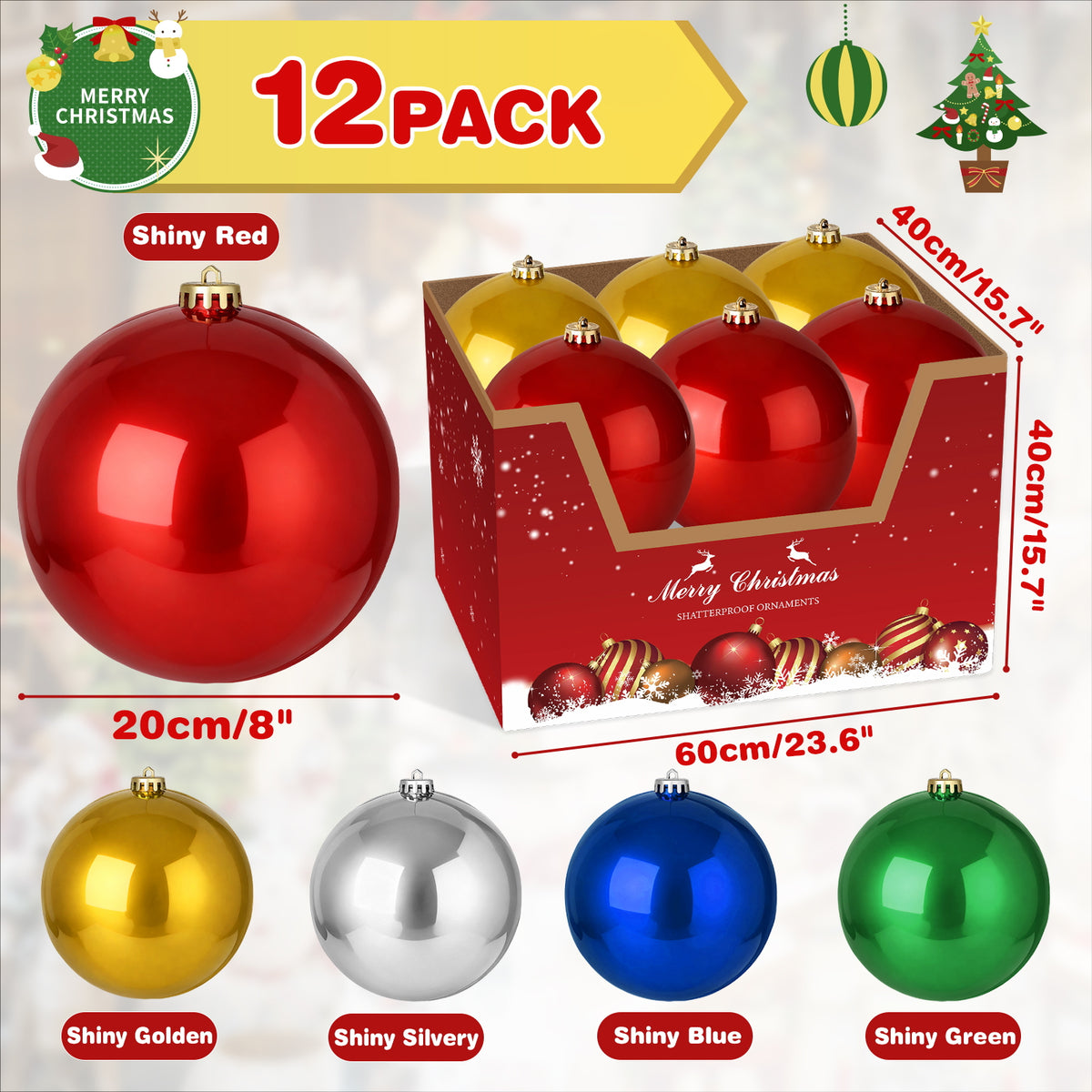12 Pack 8 Inch Shatterproof Christmas Ball Ornaments, Assorted Glossy, Matte & Glitter Red Balls, Xmas Tree Decorations for Holiday Celebrations