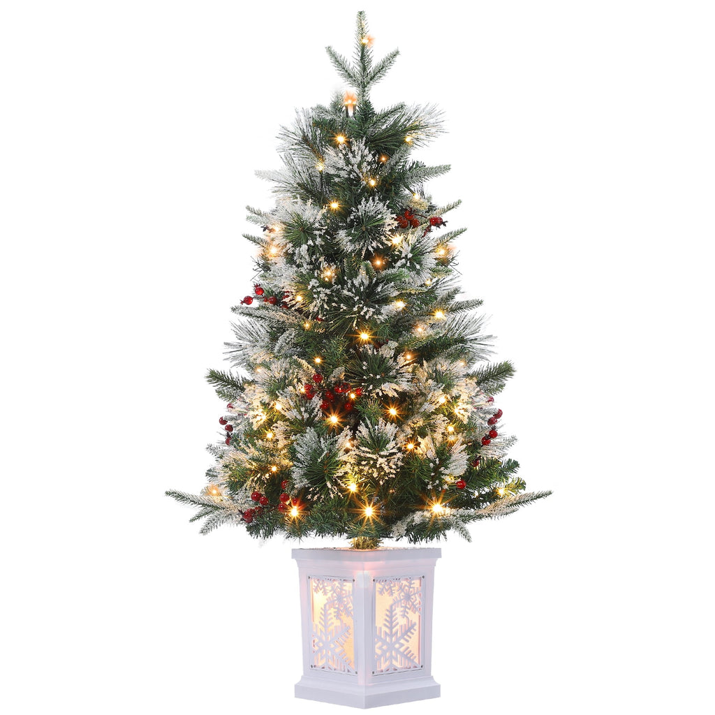 Flarhetoric 3FT Pre-Lit Snow Flocked Artificial Christmas Tree, 78 Warm White LEDs, 8 Lighting Modes, Red Berries, Easy Assembly, Tabletop Xmas Tree for Desk or Table Holiday Decor, Linen Base