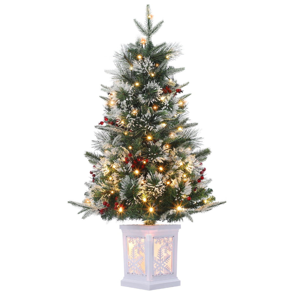 Flarhetoric 3FT Pre-Lit Snow Flocked Artificial Christmas Tree, 78 Warm White LEDs, 8 Lighting Modes, Red Berries, Easy Assembly, Tabletop Xmas Tree for Desk or Table Holiday Decor, Linen Base