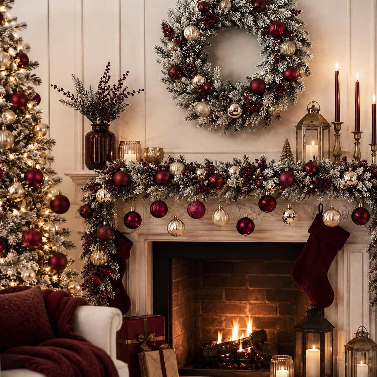 64 Pack Burgundy Gold Hanging Baubles, 1.57 / 1.97 / 2.36 Inch Christmas Tree Decor Balls