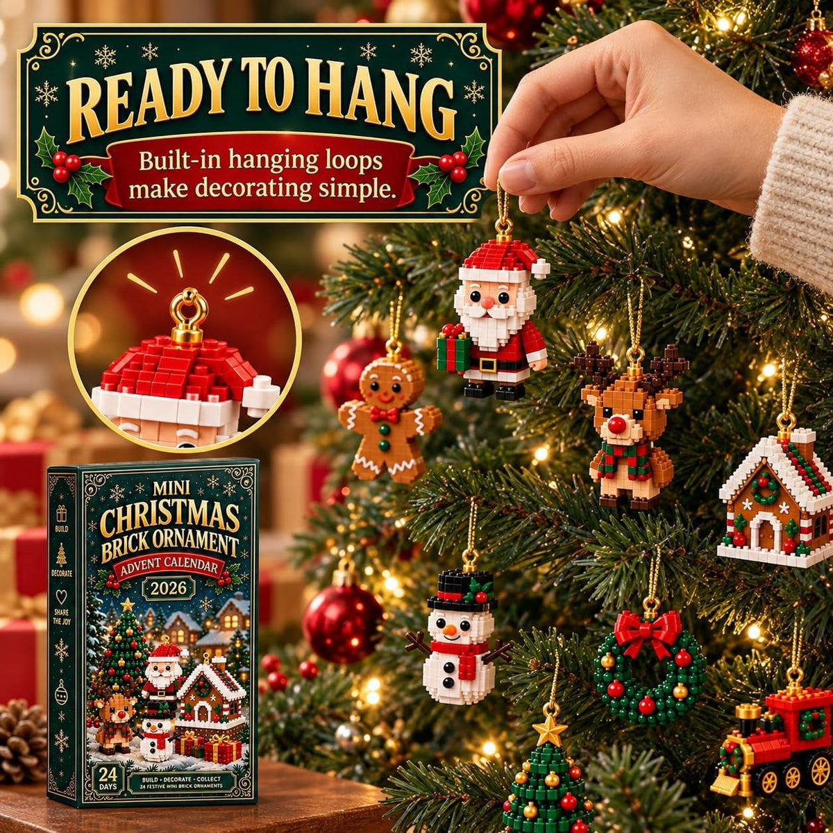 24-Day Mini Christmas Brick Ornament Advent Calendar,24 Unique Designs Buildable Bricks, DIY Building Set for Christmas Trees, Mantels and Festive Displays