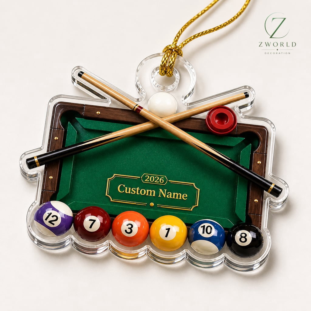 Christmas Tree Ornament Billiard Pool Table Crossed Cues and Numbered Balls Acrylic Hanging Holiday Decor