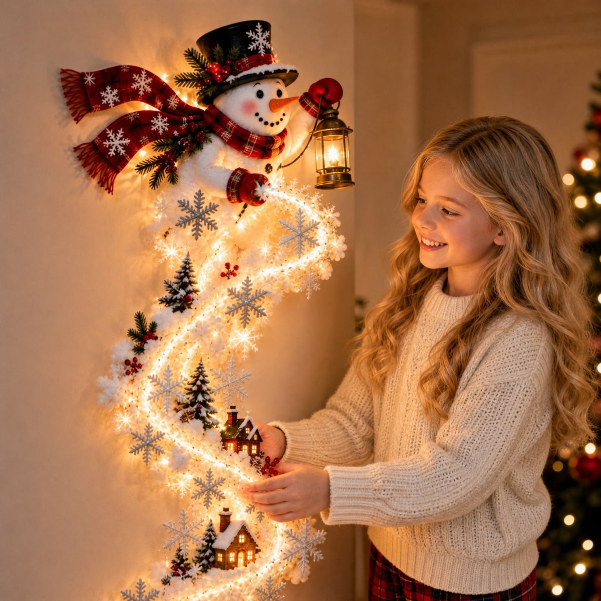 Christmas Staircase Banister Decor Set of 5 Lighted Santa Snow Scene Garland for Stair Railing Indoor Seasonal Home Ornament