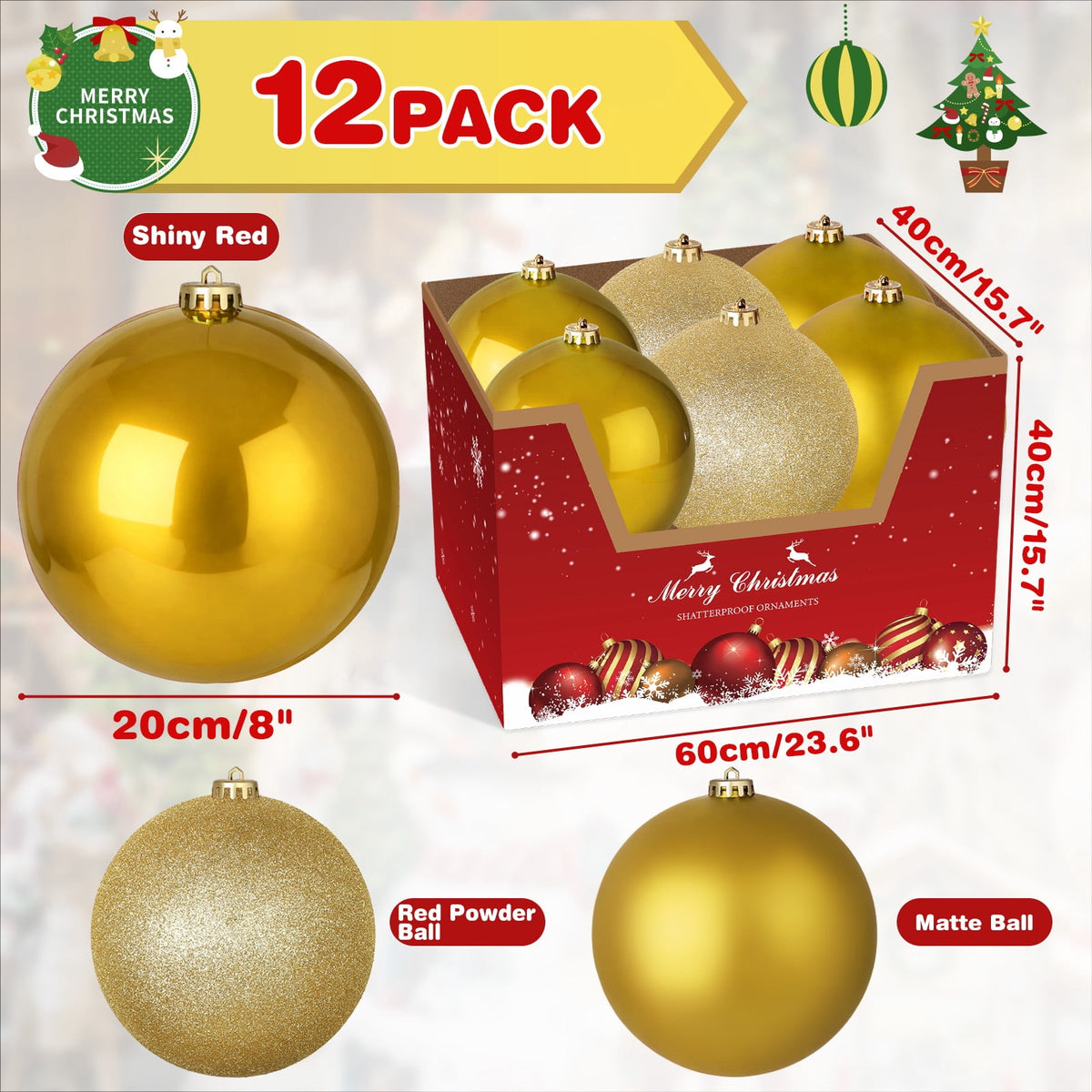 LAMPHOME 12PK 8" Shatterproof Christmas Ball Ornaments, Glossy & Matte & Glitter Gold Assortment, Sparkling Xmas Tree Decorations for Holiday Home