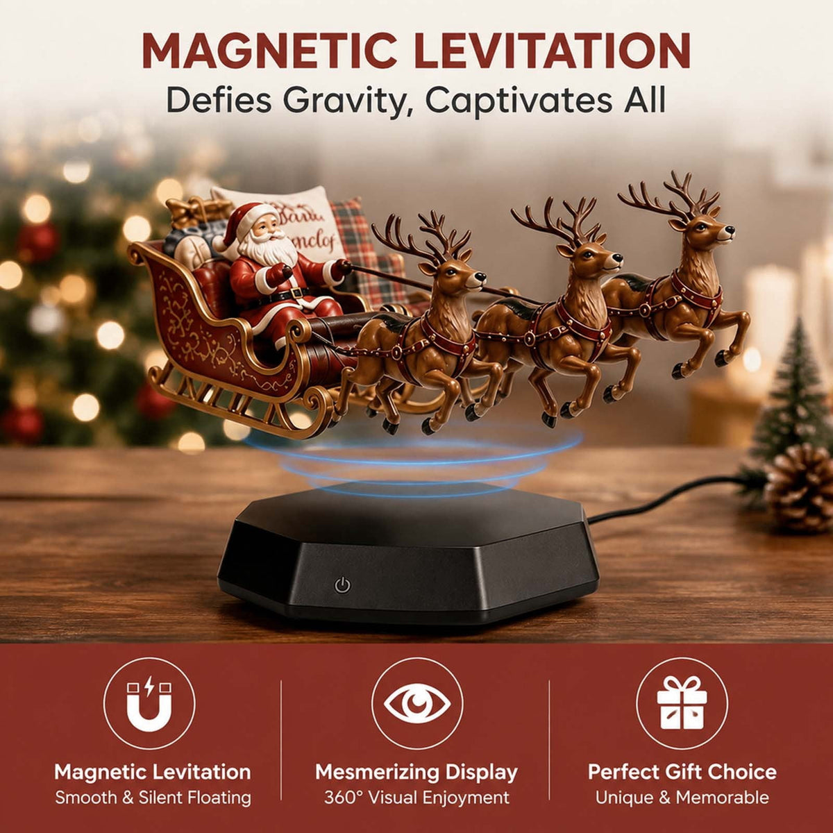 Floating Santa Sleigh,Magnetic Levitation Santa's Flying Sleigh Ornament, Santa's Flying Sleigh,Christmas Display with Built‑In Warm LED Lighting for Home,Office,Shelf & Holiday Party