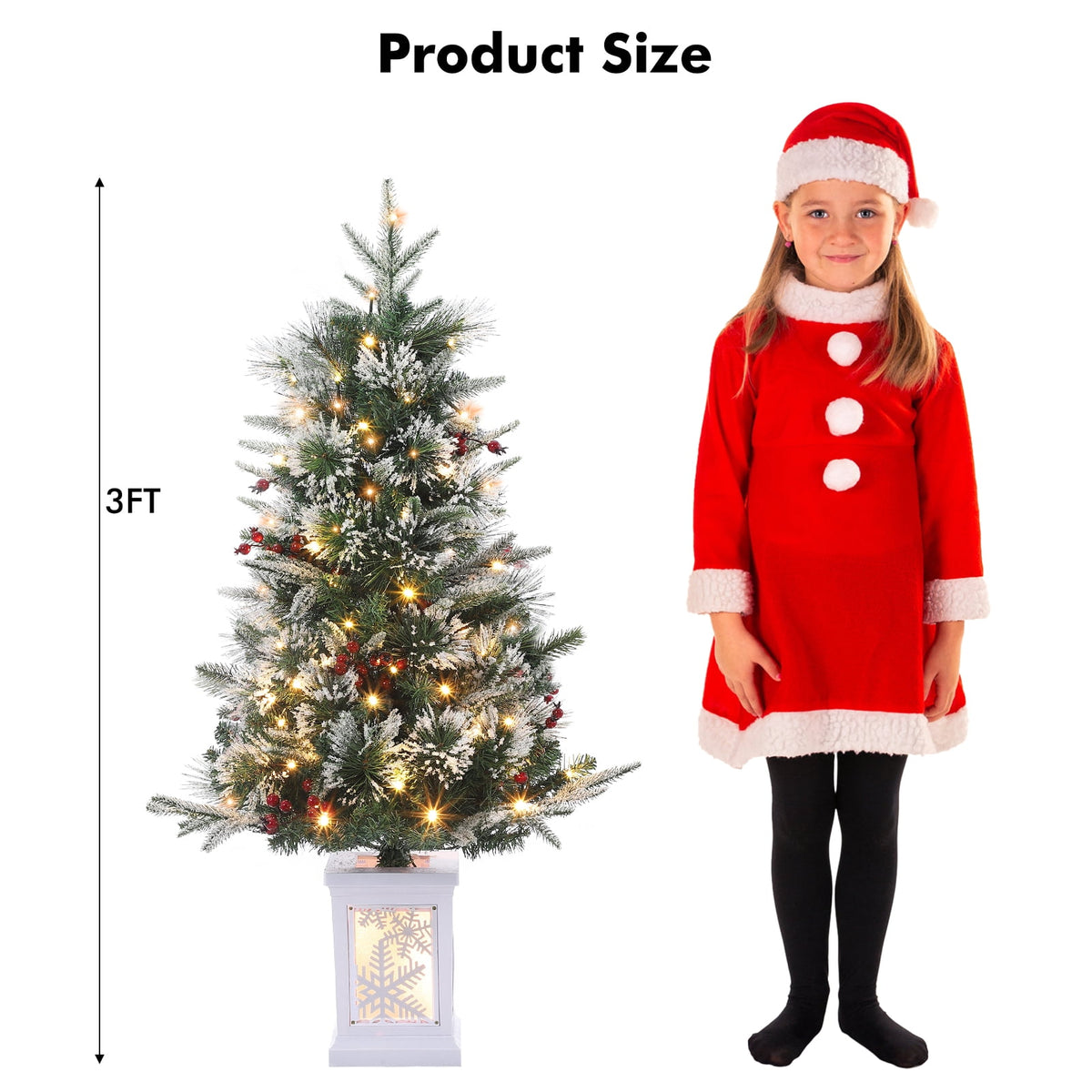 Flarhetoric 3FT Pre-Lit Snow Flocked Artificial Christmas Tree, 78 Warm White LEDs, 8 Lighting Modes, Red Berries, Easy Assembly, Tabletop Xmas Tree for Desk or Table Holiday Decor, Linen Base