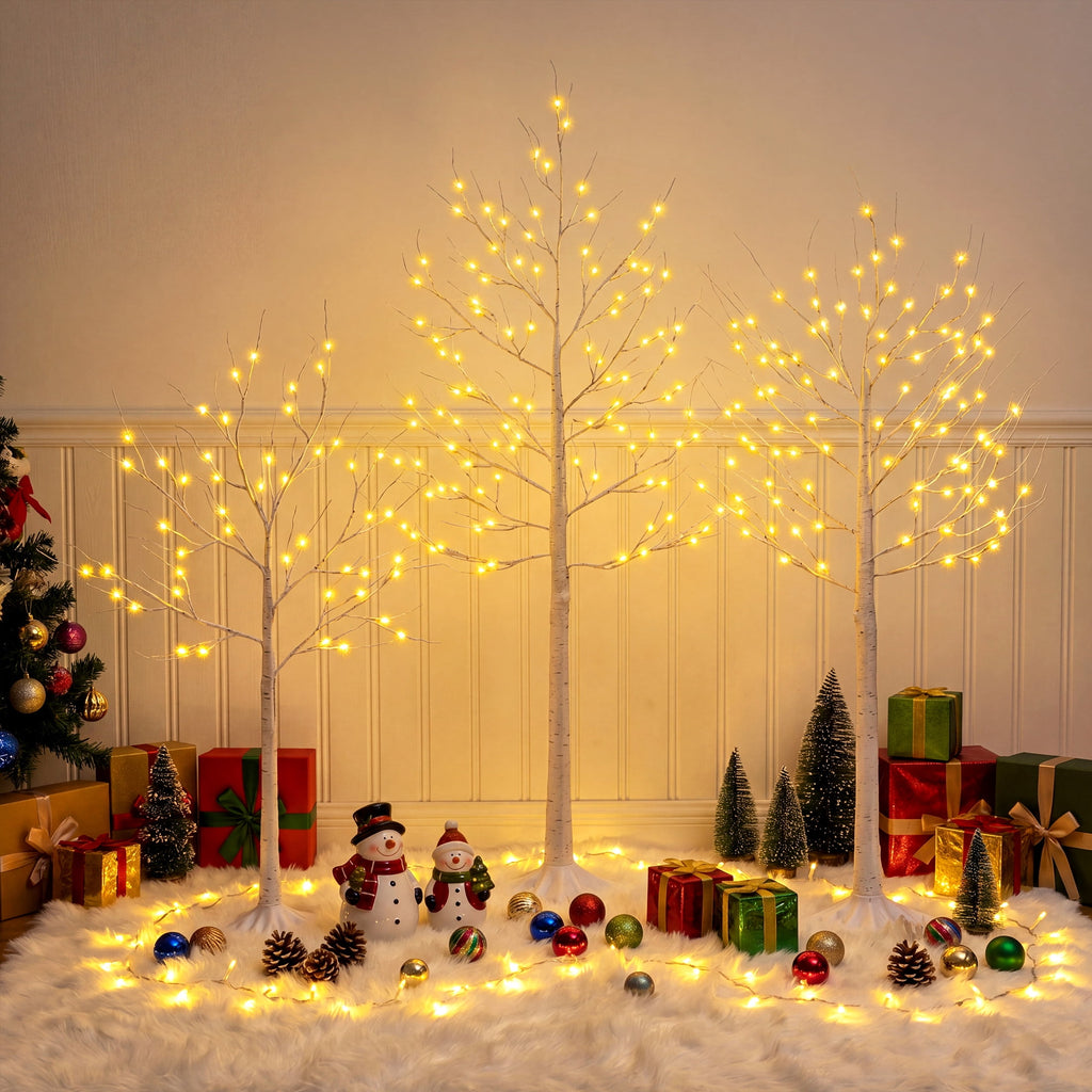 DR.Planzen LED Birch Tree Light Set - 4ft, 6ft, 8ft Artificial Pre-lit Trees - with Plug-in Warm Lights - Indoor Outdoor Christmas Holiday Wedding Decor for Home Party (3-Pack)