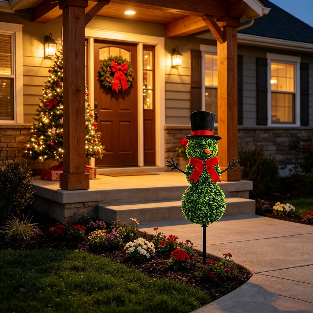 Christmas Snowman Topiary, Artificial Snowman Shaped Boxwood Tree with Santa Hat, Topiary for Outdoor Indoor Porch Decor Holiday Home and Garden Styling