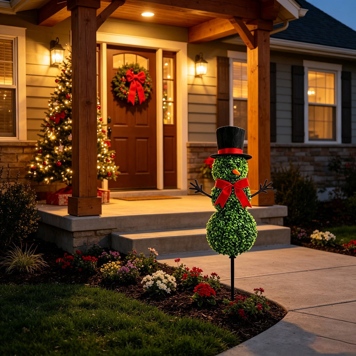 Christmas Snowman Topiary, Artificial Snowman Shaped Boxwood Tree with Santa Hat, Topiary for Outdoor Indoor Porch Decor Holiday Home and Garden Styling