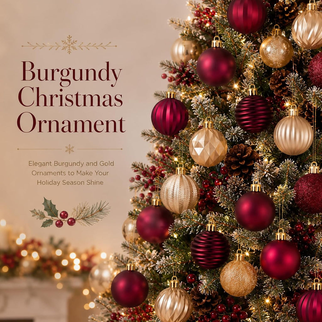 64 Pack Burgundy Gold Hanging Baubles, 1.57 / 1.97 / 2.36 Inch Christmas Tree Decor Balls