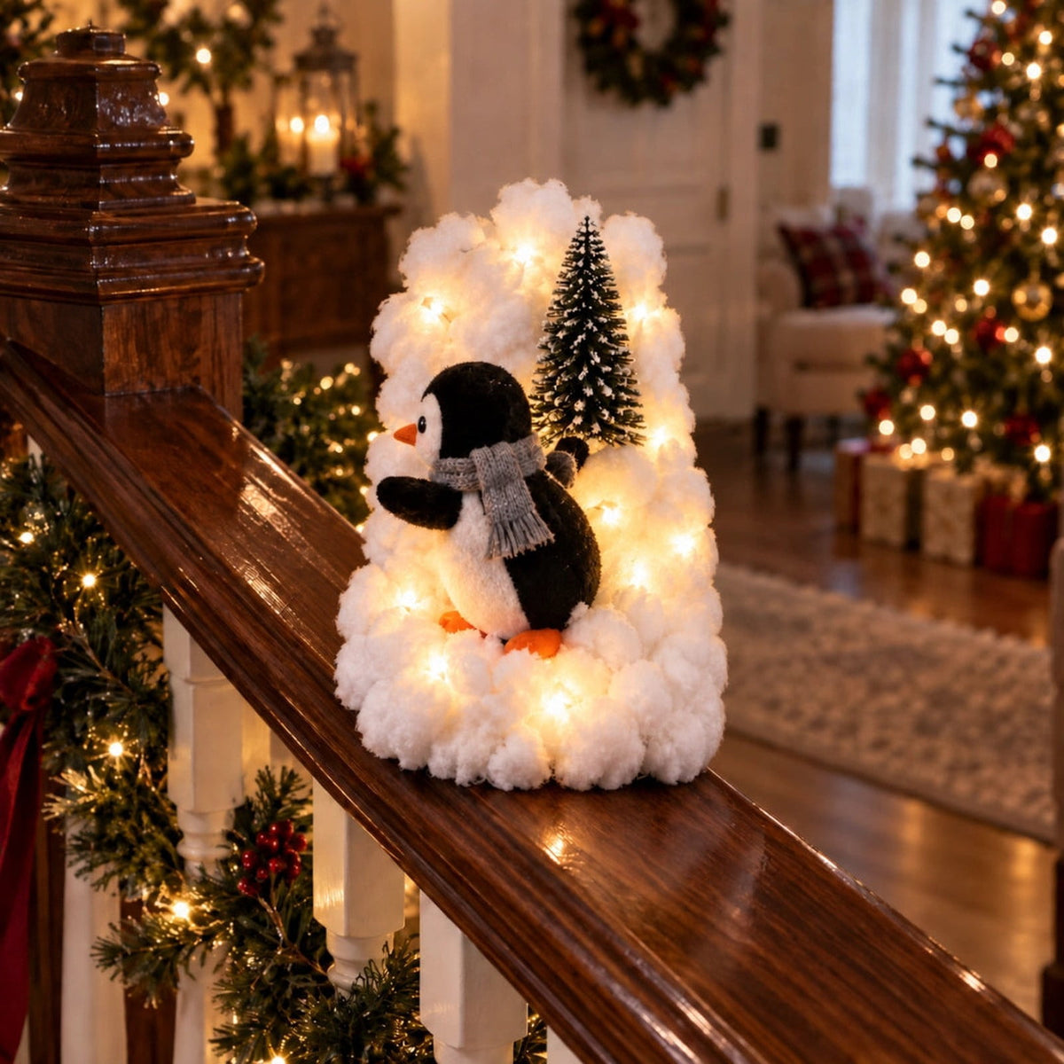 5Pack Penguin Christmas Stair Snow Decor Set,Festive Railing Accent with Playful Winter Scene,