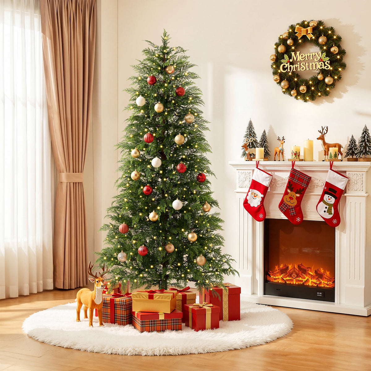 DR.Planzen 6' Pre-Lit Green Cypress Artificial Christmas Tree with 350 Warm White Twinkle LED Lights, Full-Bodied Xmas Tree with Metal Stand, Indoor Holiday Decoration