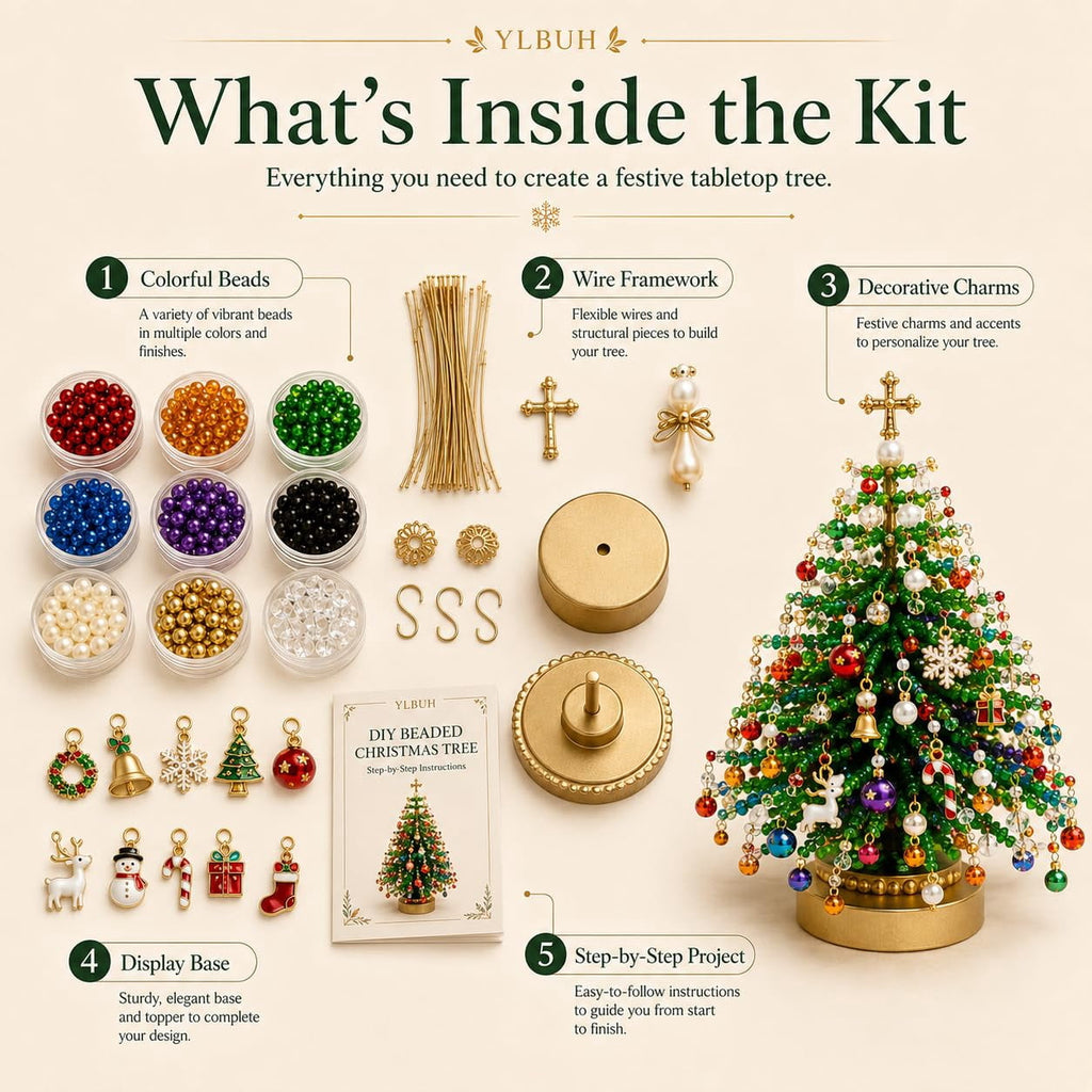 HIJUNE DIY Beaded Christmas Tree Kit, 3D Crystal Bead Holiday Craft Set, Colorful beads and wire, 3D tabletop tree design, compact holiday decor, creative Christmas project for adults