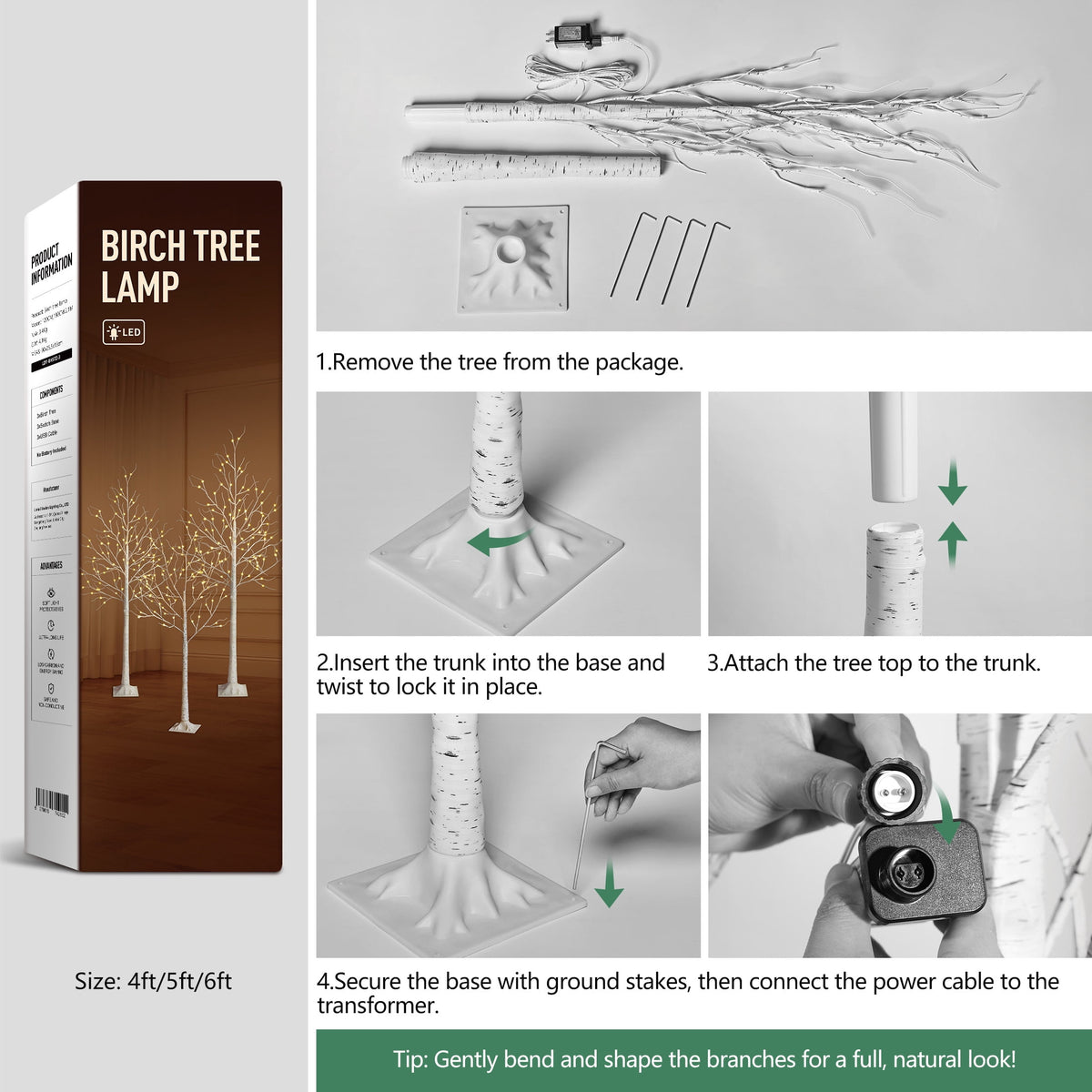 DR.Planzen LED Birch Tree Light Set - 4ft, 6ft, 8ft Artificial Pre-lit Trees - with Plug-in Warm Lights - Indoor Outdoor Christmas Holiday Wedding Decor for Home Party (3-Pack)
