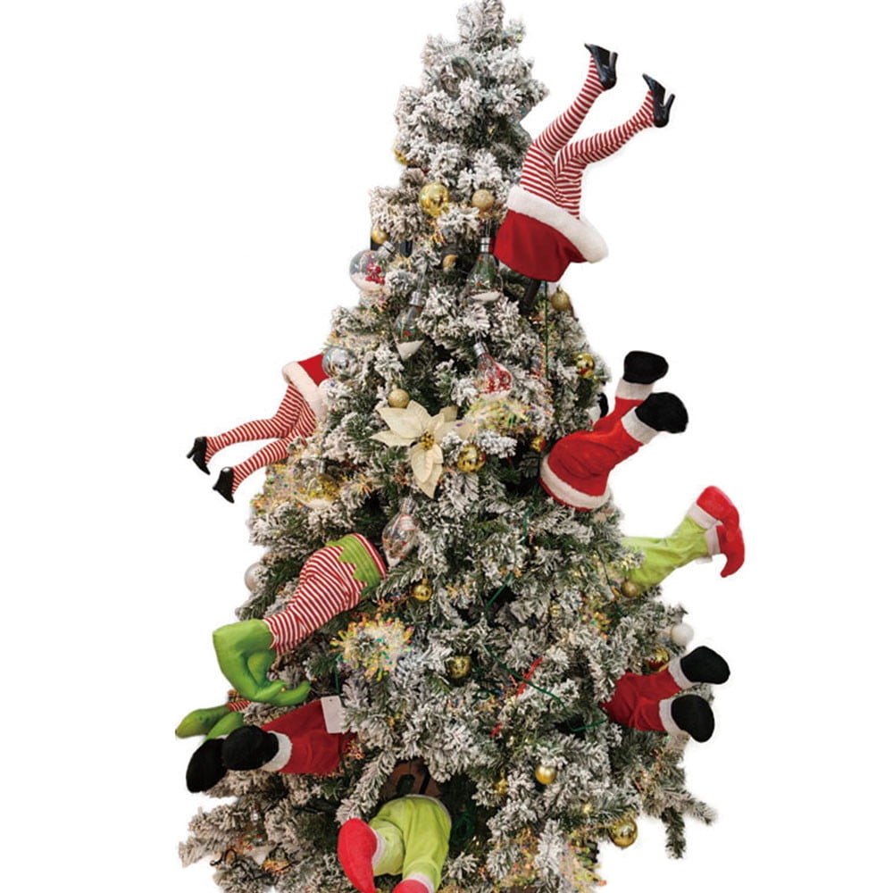 3Pcs Christmas Decroations, Santa Legs for Christmas Tree, Christmas Tree Swinging & Kicking Legs, Funny Santa Stuffed Leg Stuck in Tree Topper for Christmas Tree Decor & Home New Year Party Decor