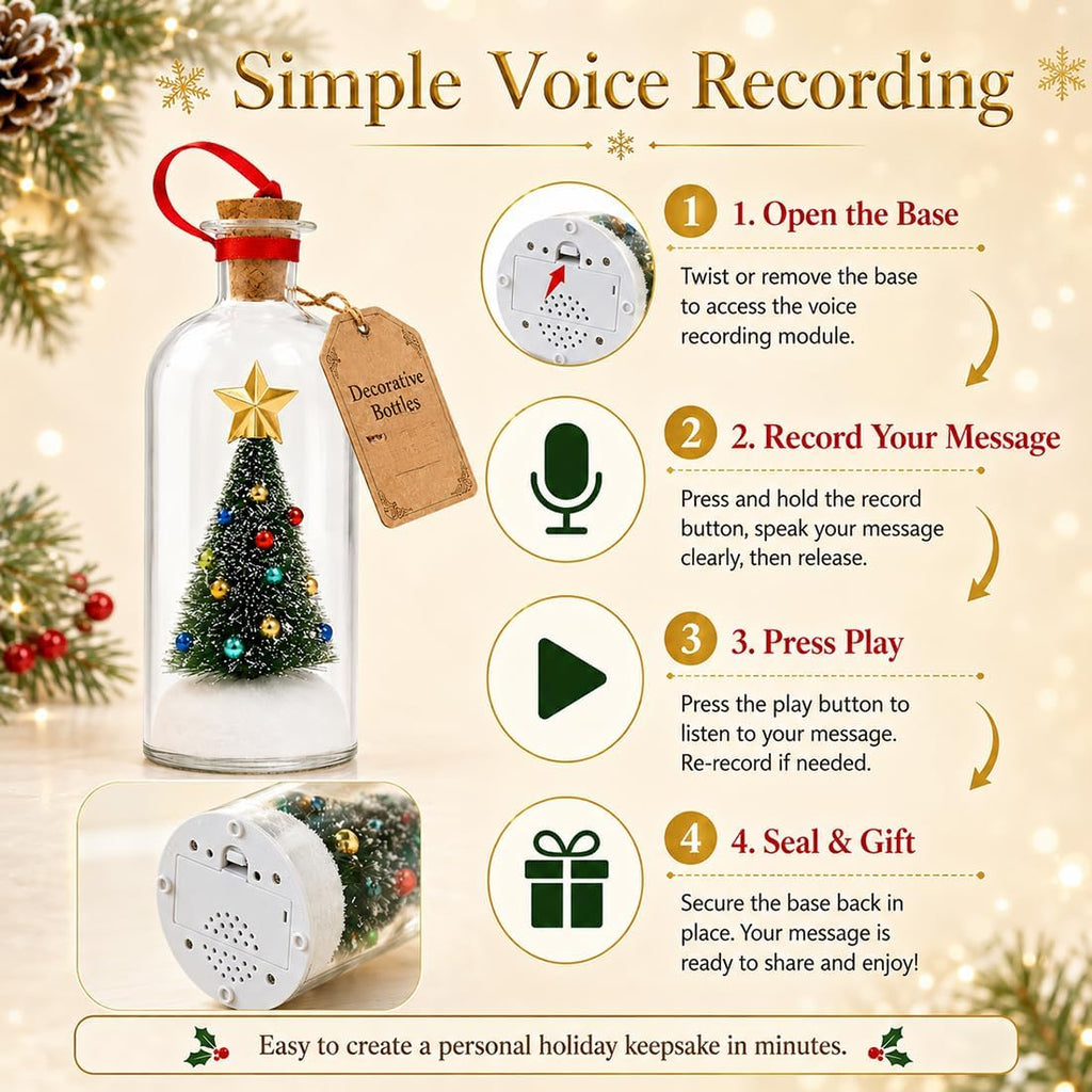 3-Piece Recordable Christmas Tree in a Bottle Ornaments, Glass Holiday Decorations with Snowy Mini Trees and 30-Second Voice Recording, Christmas Mantel Decor