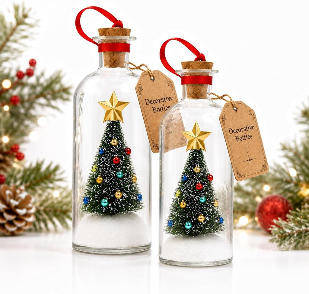 3-Piece Recordable Christmas Tree in a Bottle Ornaments, Glass Holiday Decorations with Snowy Mini Trees and 30-Second Voice Recording, Christmas Mantel Decor