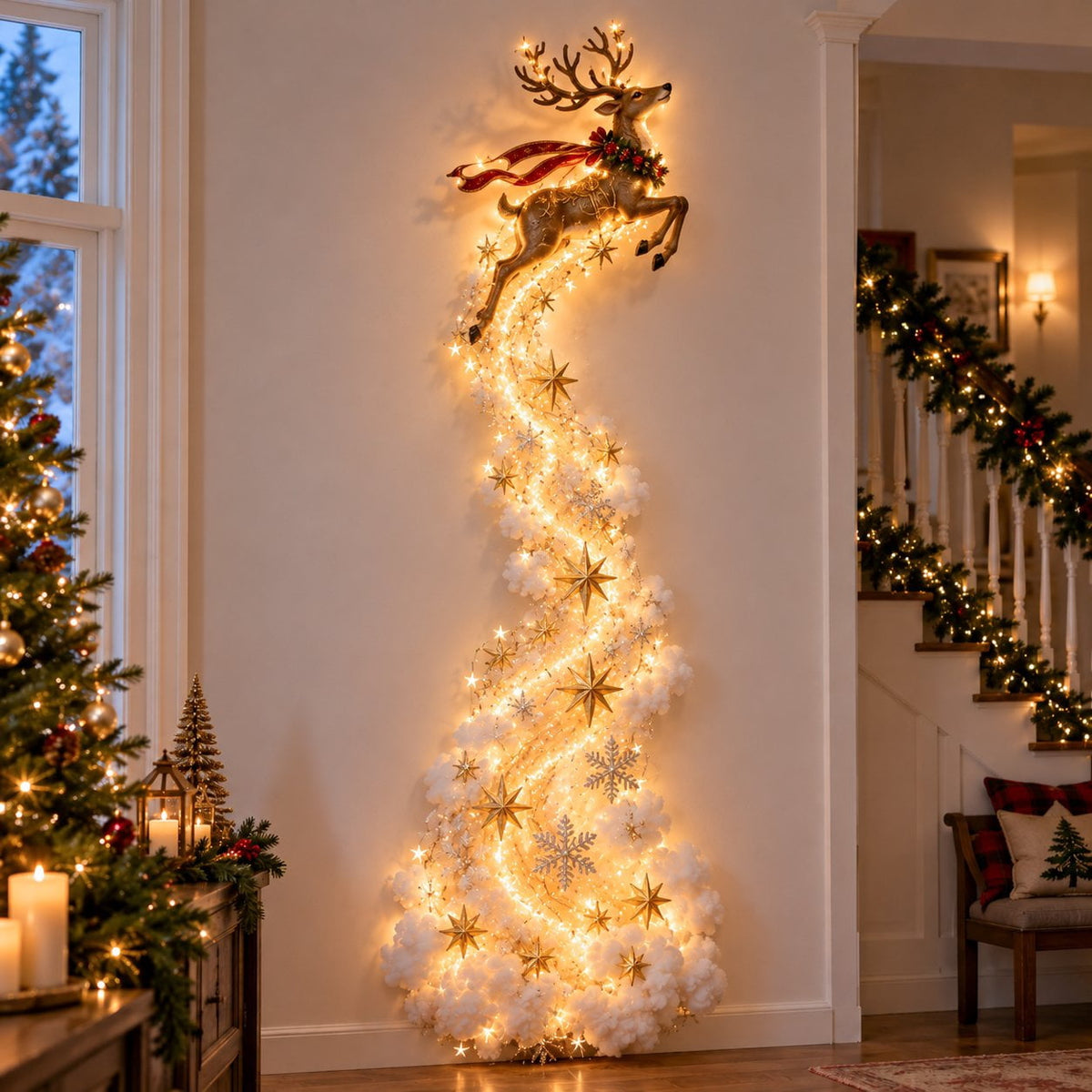 Christmas Staircase Banister Decor Set of 5 Lighted Santa Snow Scene Garland for Stair Railing Indoor Seasonal Home Ornament