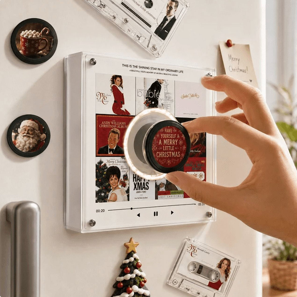 Christmas Music Refrigerator Stickers, Playable Magnetic Discs With Music Player Unit, Interactive Xmas Fridge Decor, Novelty Gift For Family Holiday Gatherings (B)
