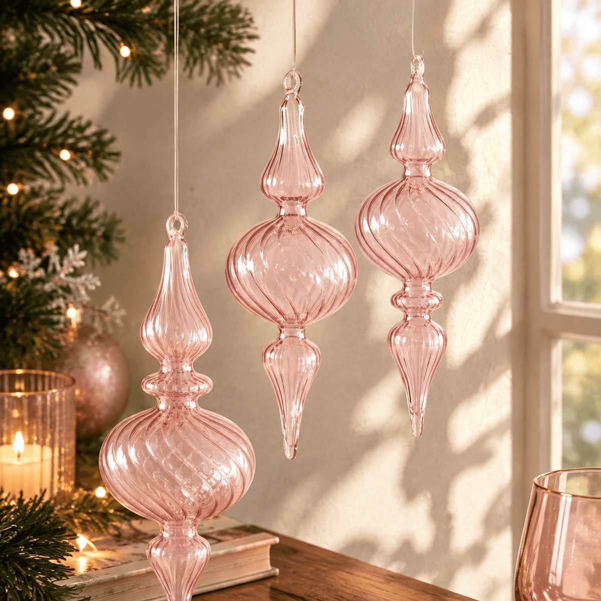 12 Burgundy Red Hand Blown Glass Finial Christmas Ornament Set