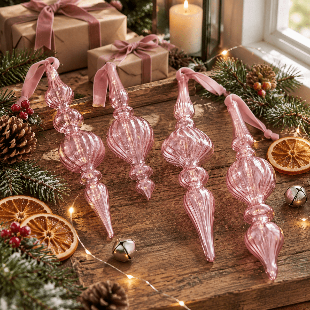 12 Burgundy Red Hand Blown Glass Finial Christmas Ornament Set