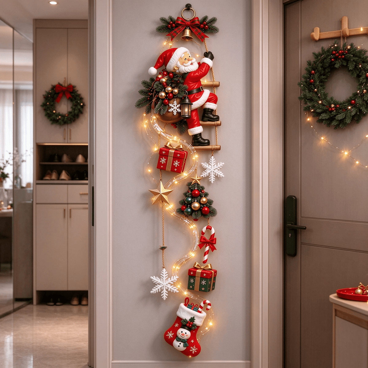Christmas Staircase Banister Decor Set of 5 Lighted Santa Snow Scene Garland for Stair Railing Indoor Seasonal Home Ornament