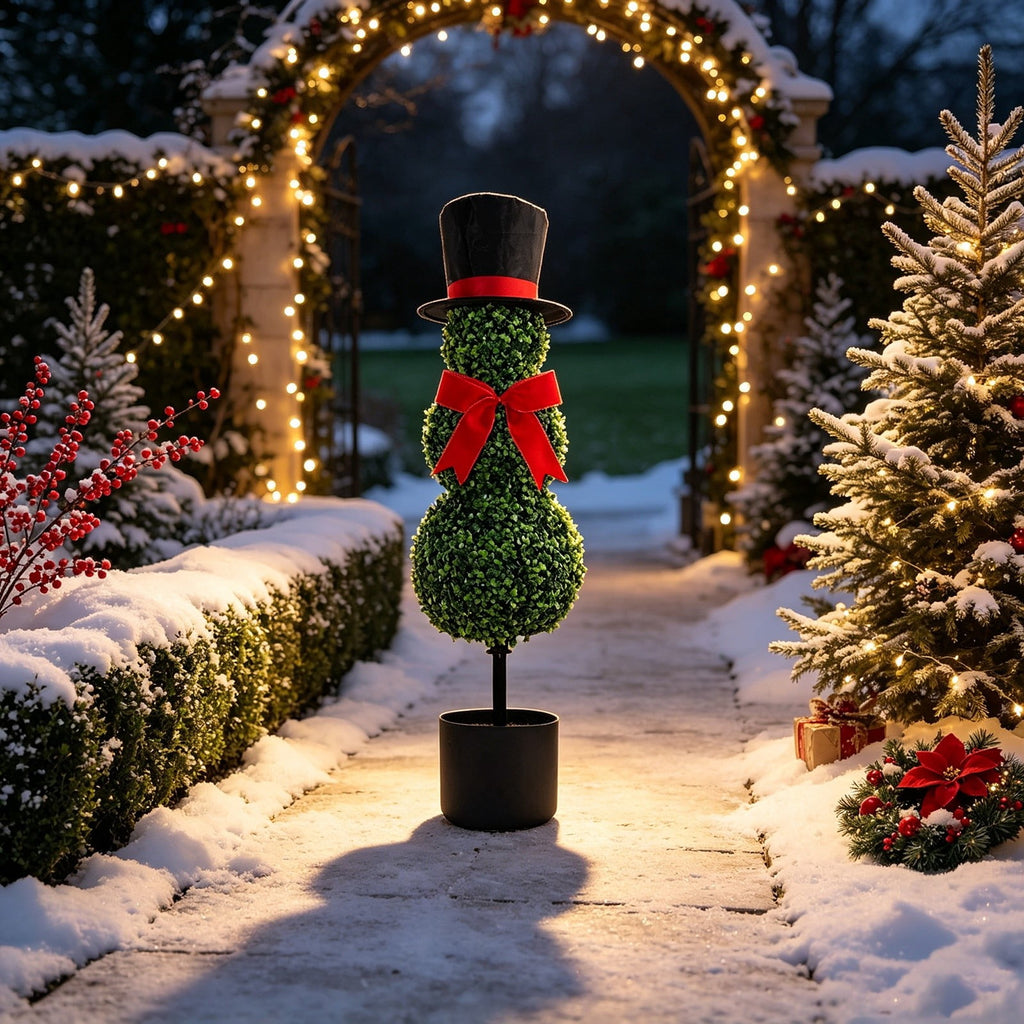 Christmas Snowman Topiary, Artificial Snowman Shaped Boxwood Tree with Santa Hat, Topiary for Outdoor Indoor Porch Decor Holiday Home and Garden Styling