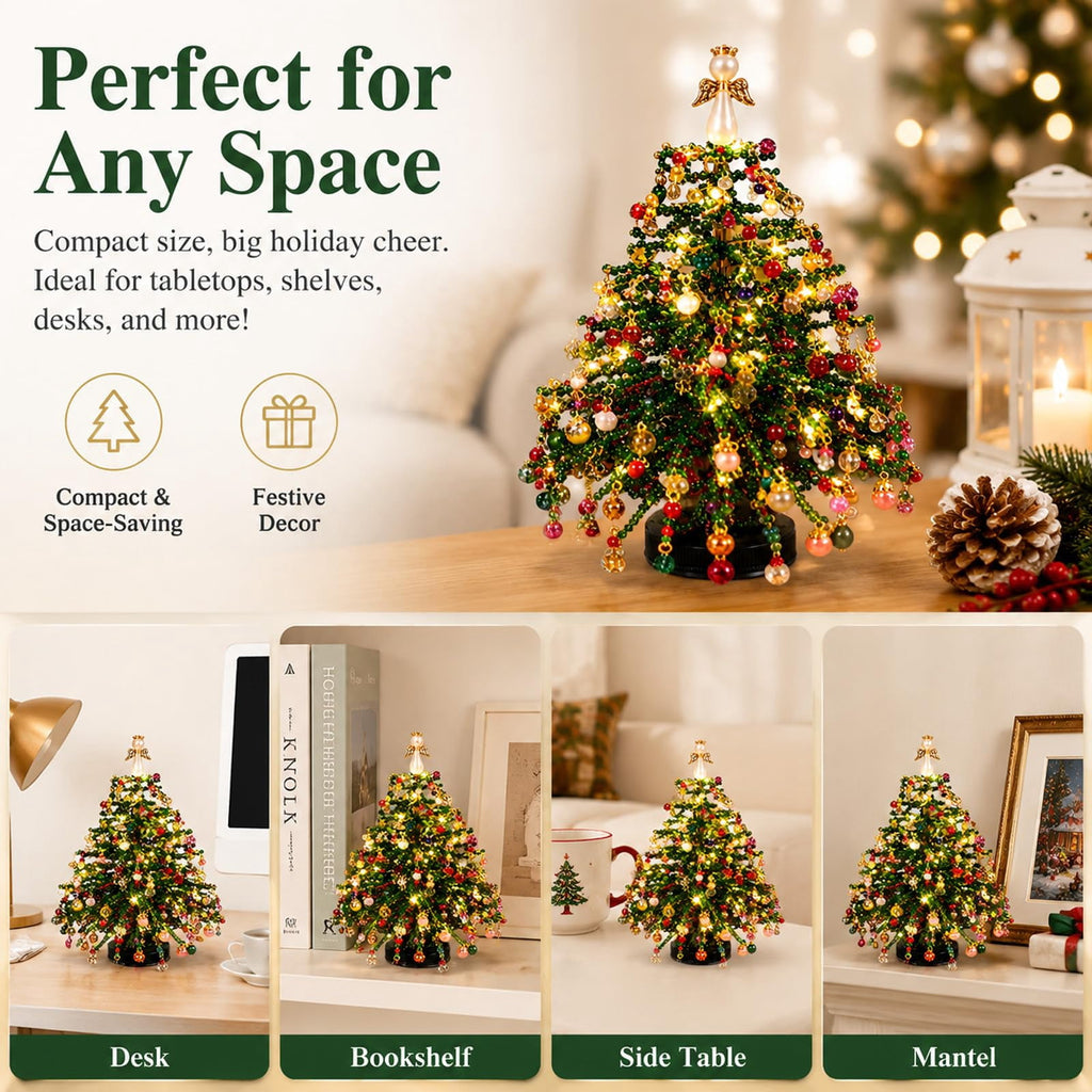 MerriBead Christmas Tree, DIY Beaded Christmas Tree Kit with Lights, Handmade Mini Desk Bead Art Holiday Decoration