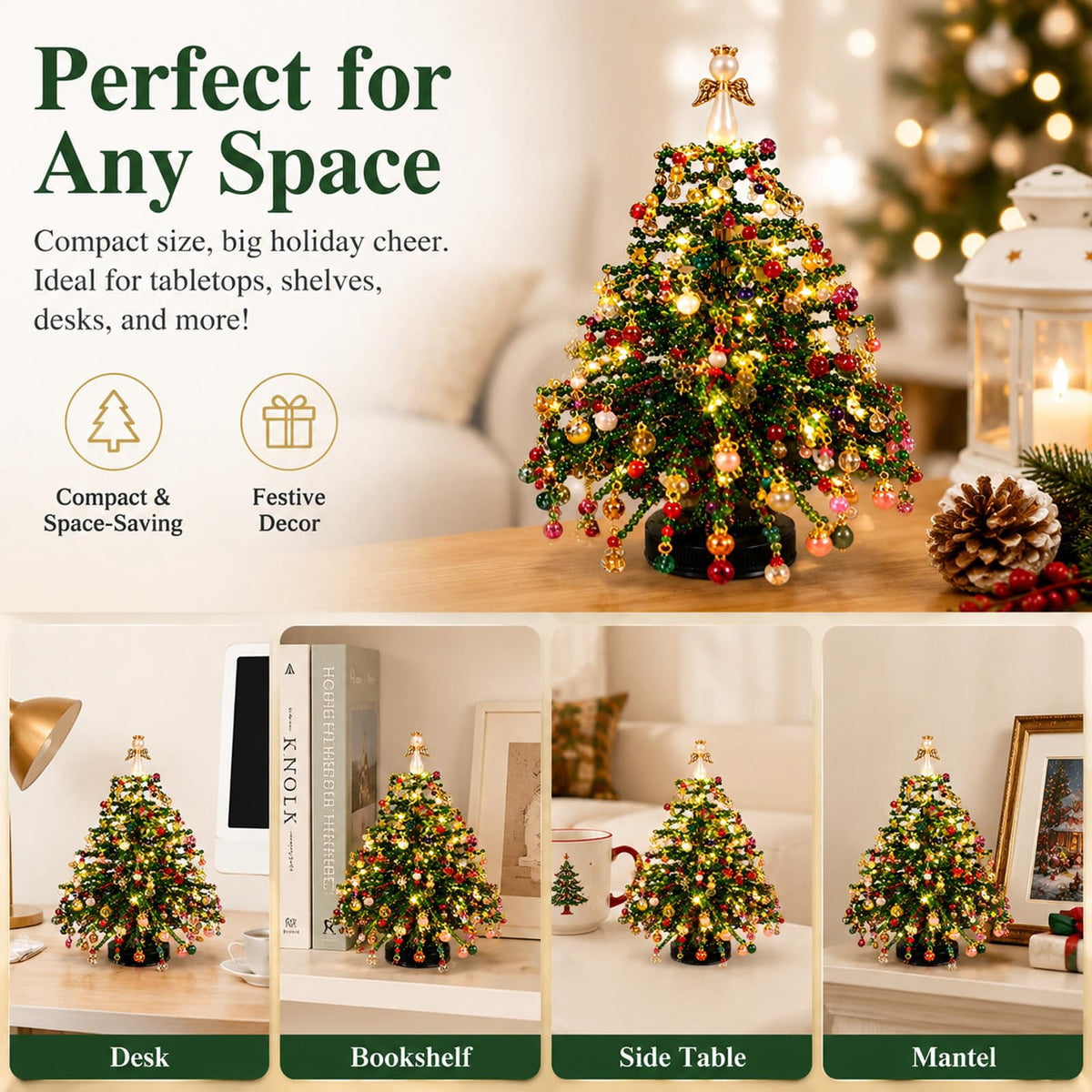 MerriBead Christmas Tree, DIY Beaded Christmas Tree Kit with Lights, Handmade Mini Desk Bead Art Holiday Decoration