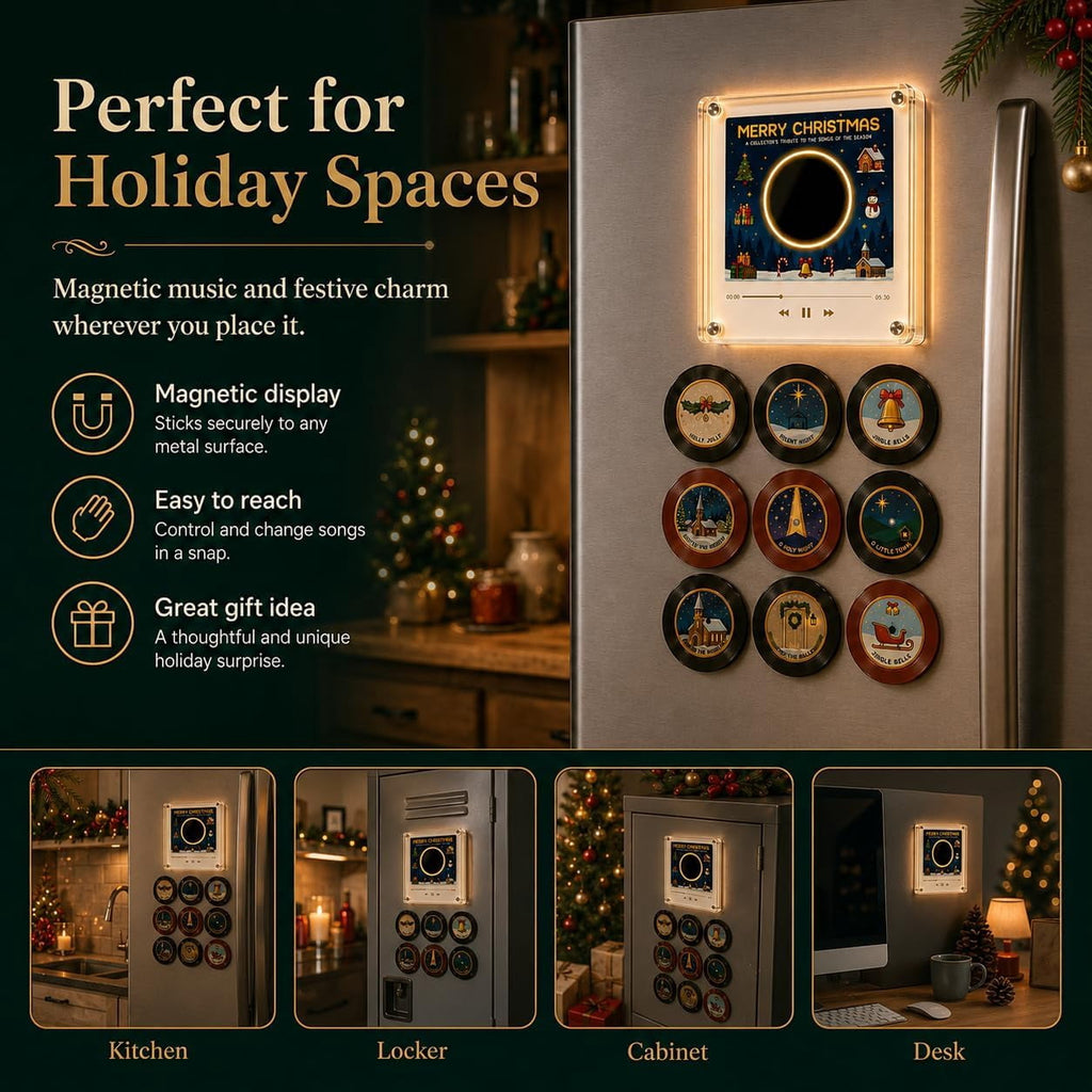 Christmas Music Refrigerator Stickers, Playable Magnetic Discs With Music Player Unit, Interactive Xmas Fridge Decor, Novelty Gift For Family Holiday Gatherings (B)