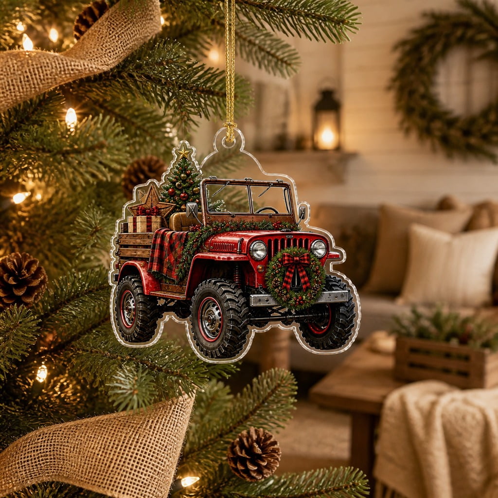 Christmas Ornament Country Farm Jeep Acrylic Tree Hanging for Rustic Holiday Decor