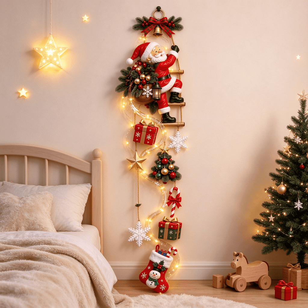 Christmas Staircase Banister Decor Set of 5 Lighted Santa Snow Scene Garland for Stair Railing Indoor Seasonal Home Ornament