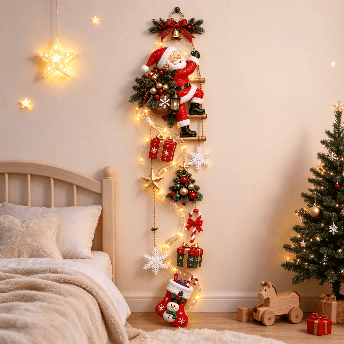 Christmas Staircase Banister Decor Set of 5 Lighted Santa Snow Scene Garland for Stair Railing Indoor Seasonal Home Ornament