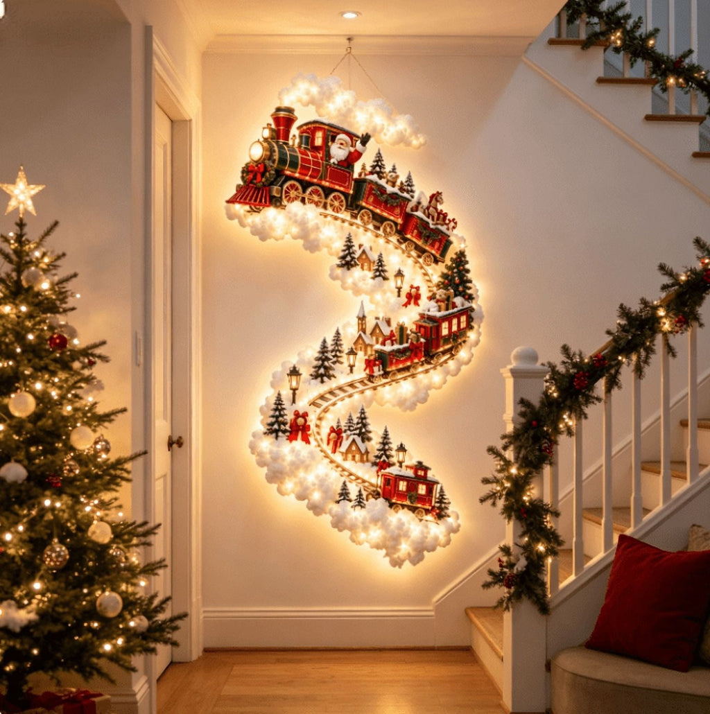 Christmas Staircase Banister Decor Set of 5 Lighted Santa Snow Scene Garland for Stair Railing Indoor Seasonal Home Ornament