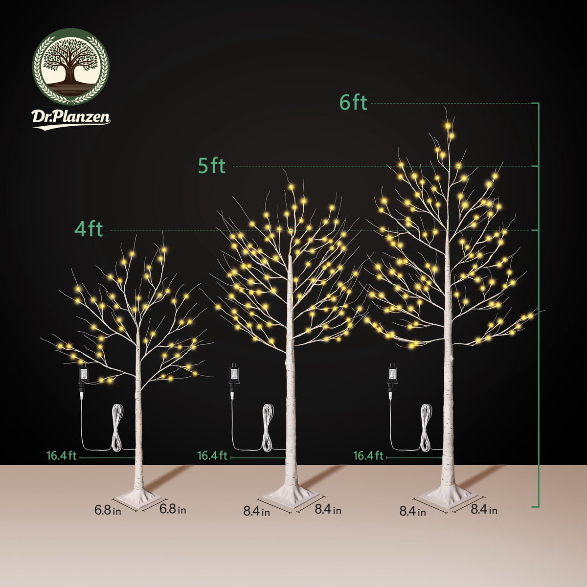 DR.Planzen LED Birch Tree Light Set - 4ft, 6ft, 8ft Artificial Pre-lit Trees - with Plug-in Warm Lights - Indoor Outdoor Christmas Holiday Wedding Decor for Home Party (3-Pack)
