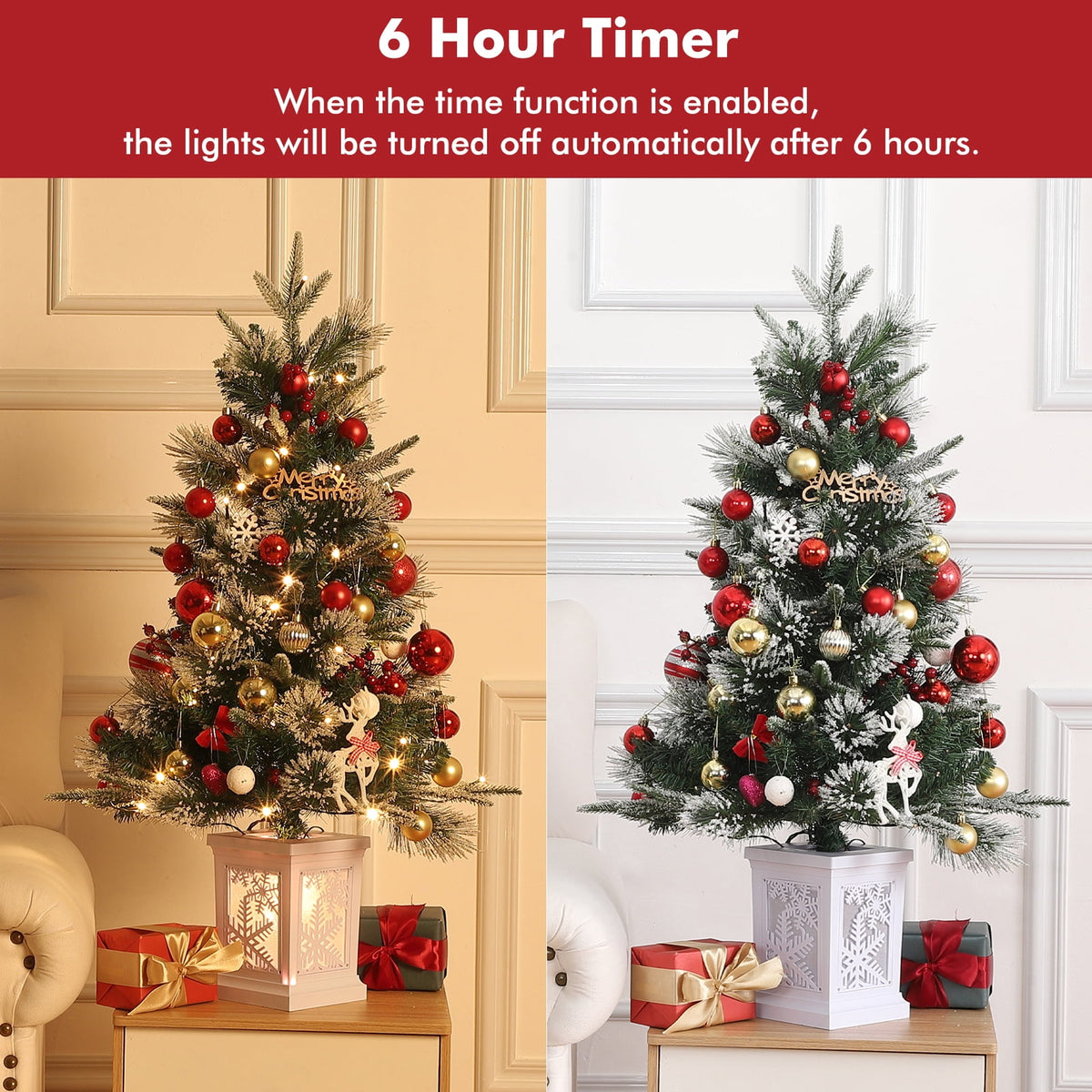 Flarhetoric 3FT Pre-Lit Snow Flocked Artificial Christmas Tree, 78 Warm White LEDs, 8 Lighting Modes, Red Berries, Easy Assembly, Tabletop Xmas Tree for Desk or Table Holiday Decor, Linen Base