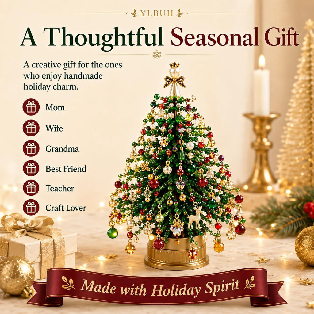HIJUNE DIY Beaded Christmas Tree Kit, 3D Crystal Bead Holiday Craft Set, Colorful beads and wire, 3D tabletop tree design, compact holiday decor, creative Christmas project for adults
