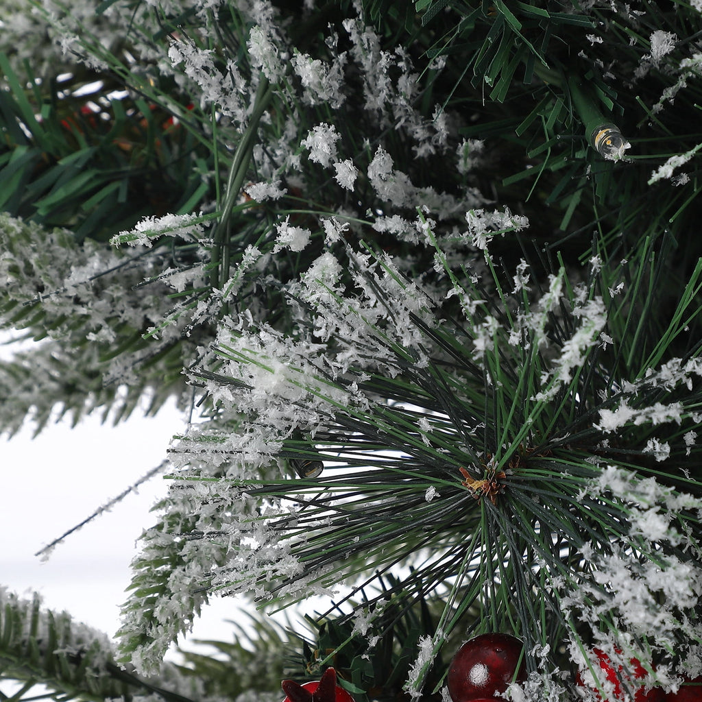 Flarhetoric 3FT Pre-Lit Snow Flocked Artificial Christmas Tree, 78 Warm White LEDs, 8 Lighting Modes, Red Berries, Easy Assembly, Tabletop Xmas Tree for Desk or Table Holiday Decor, Linen Base