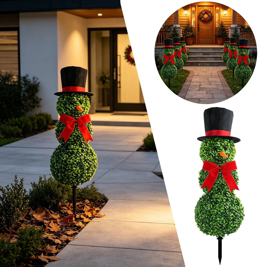 Christmas Snowman Topiary, Artificial Snowman Shaped Boxwood Tree with Santa Hat, Topiary for Outdoor Indoor Porch Decor Holiday Home and Garden Styling