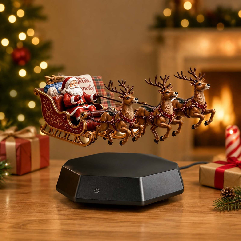 Floating Santa Sleigh,Magnetic Levitation Santa's Flying Sleigh Ornament, Santa's Flying Sleigh,Christmas Display with Built‑In Warm LED Lighting for Home,Office,Shelf & Holiday Party