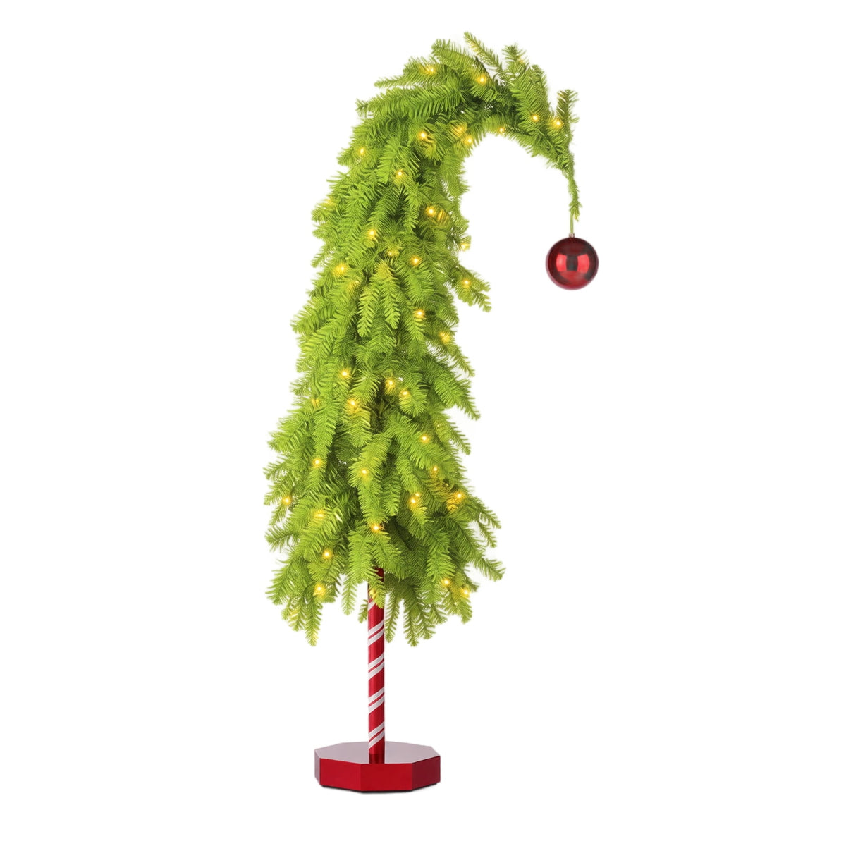 MInHoues 4.5Ft Whimsical Christmas Tree with Lights, Pre‑Lit Warm LED Bent Christmas Tree with Red Ornament, Candy Cane Base Tabletop Holiday Decor, Battery Operated Curved Xmas Tree for Home Party