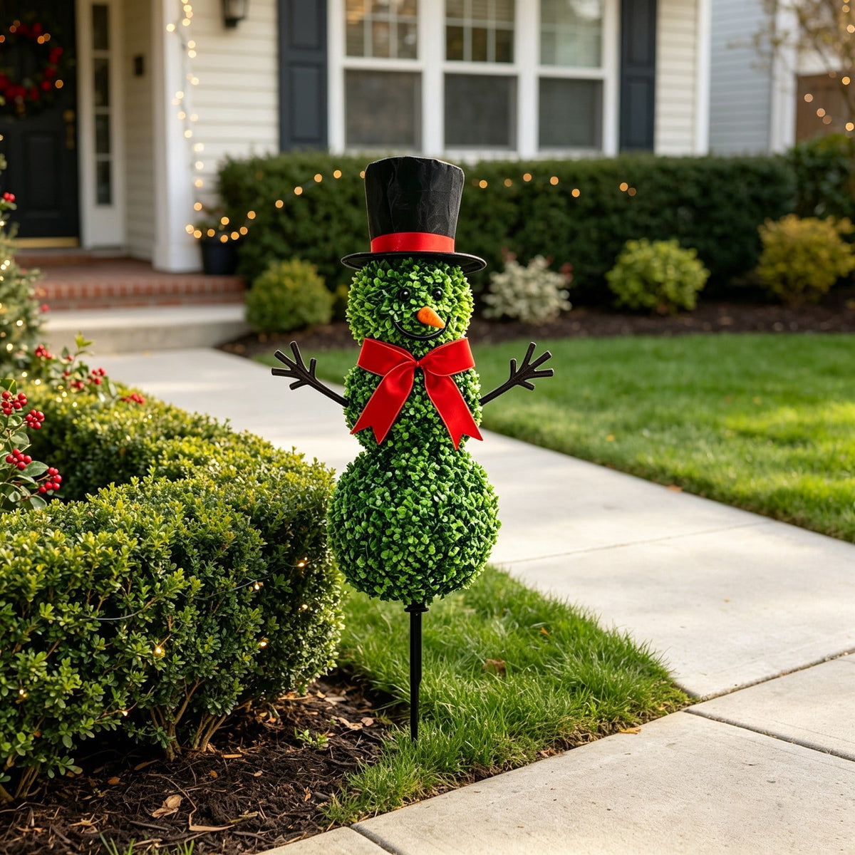 Christmas Snowman Topiary, Artificial Snowman Shaped Boxwood Tree with Santa Hat, Topiary for Outdoor Indoor Porch Decor Holiday Home and Garden Styling