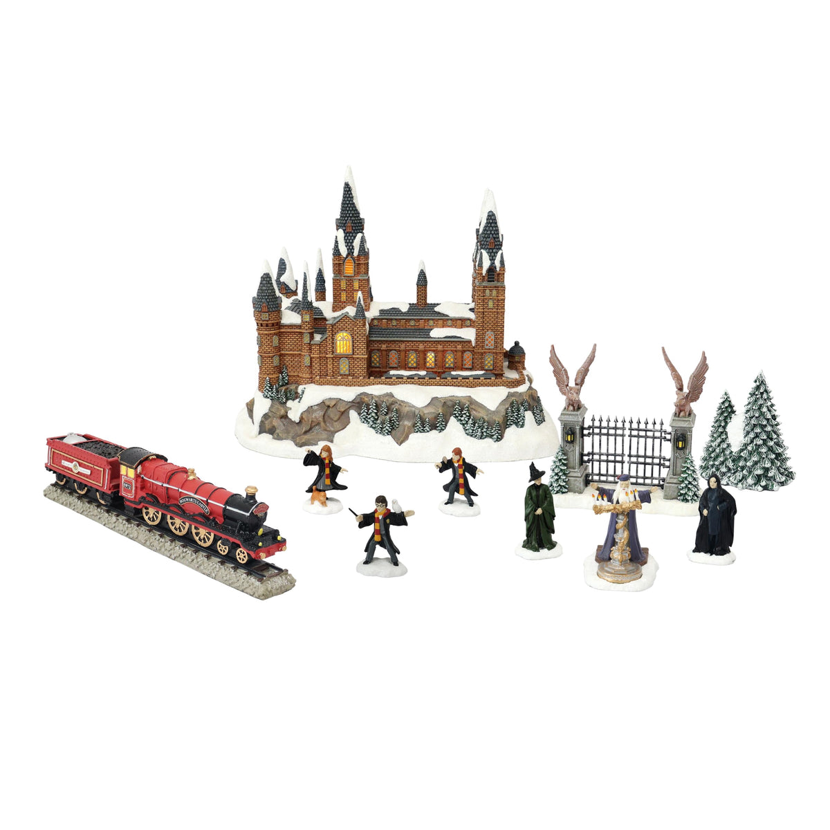 Moments In Time Harry Potter Christmas Village Set 10 Piece Lighted Castle Display Express Train, Gate, Trees and Character Figurines, Holiday Village Collection, Christmas Tabletop Home Decor