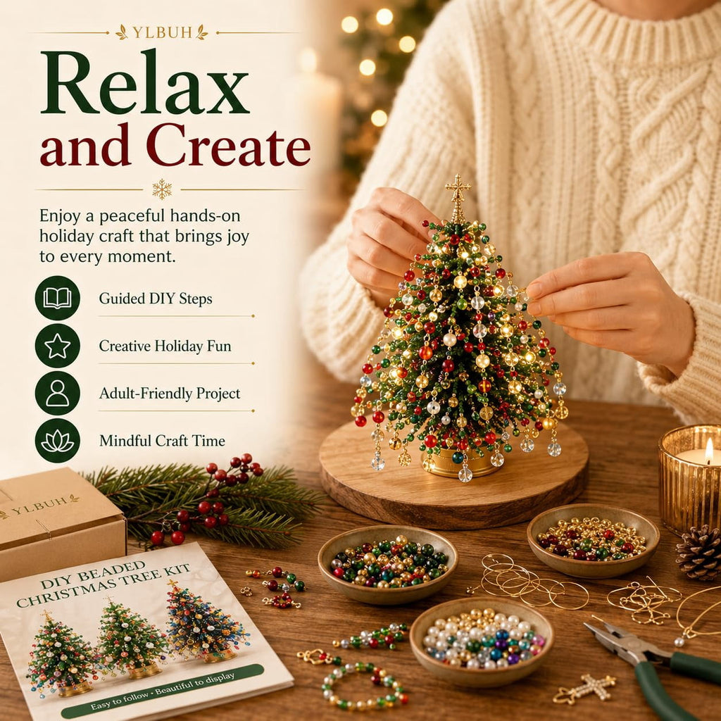 HIJUNE DIY Beaded Christmas Tree Kit, 3D Crystal Bead Holiday Craft Set, Colorful beads and wire, 3D tabletop tree design, compact holiday decor, creative Christmas project for adults