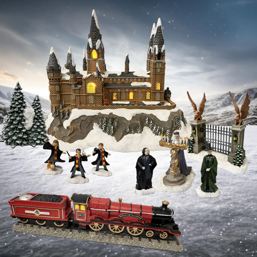 Moments In Time Harry Potter Christmas Village Set 10 Piece Lighted Castle Display Express Train, Gate, Trees and Character Figurines, Holiday Village Collection, Christmas Tabletop Home Decor